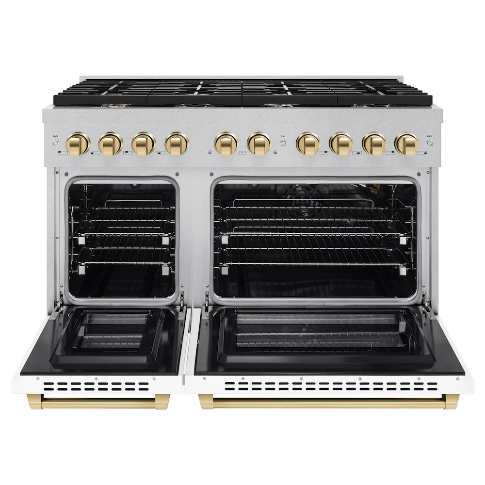 AutographEdition 48 in. 6.7 cu. ft. 8 Burner Double Oven Gas Range in DuraSnow Stainless Steel with White Matte Doors and Polished Gold Accents SGRSZWM48G