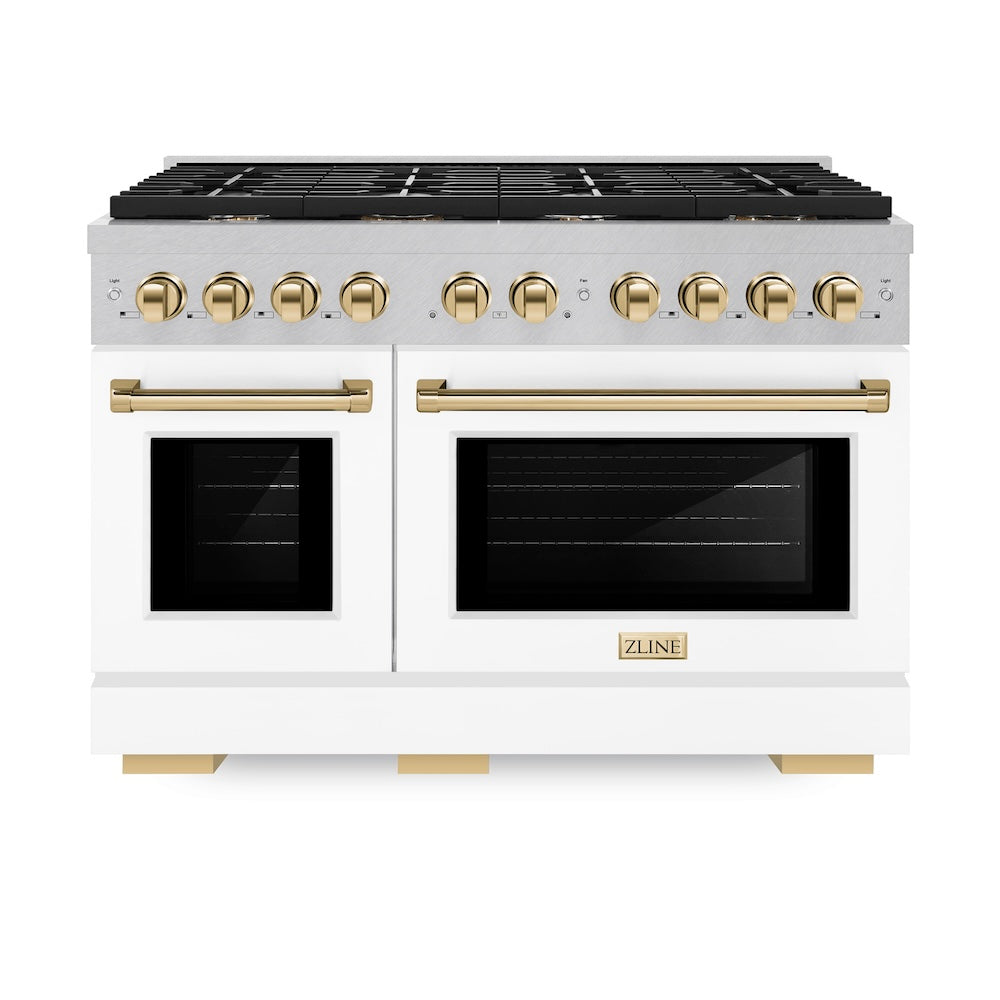 AutographEdition 48 in. 6.7 cu. ft. 8 Burner Double Oven Gas Range in DuraSnow Stainless Steel with White Matte Doors and Polished Gold Accents SGRSZWM48G