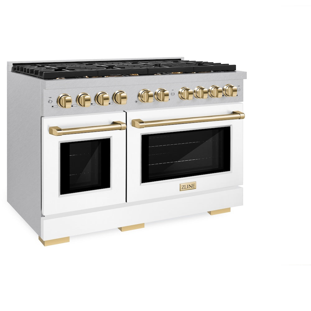AutographEdition 48 in. 6.7 cu. ft. 8 Burner Double Oven Gas Range in DuraSnow Stainless Steel with White Matte Doors and Polished Gold Accents SGRSZWM48G