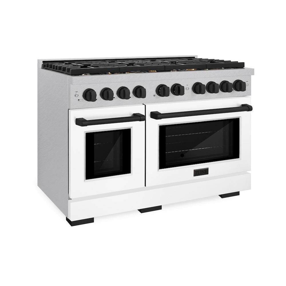 AutographEdition 48 in. 6.7 cu. ft. 8 Burner Double Oven Gas Range in DuraSnow Stainless Steel with White Matte Doors and Matte Black Accents SGRSZWM48MB