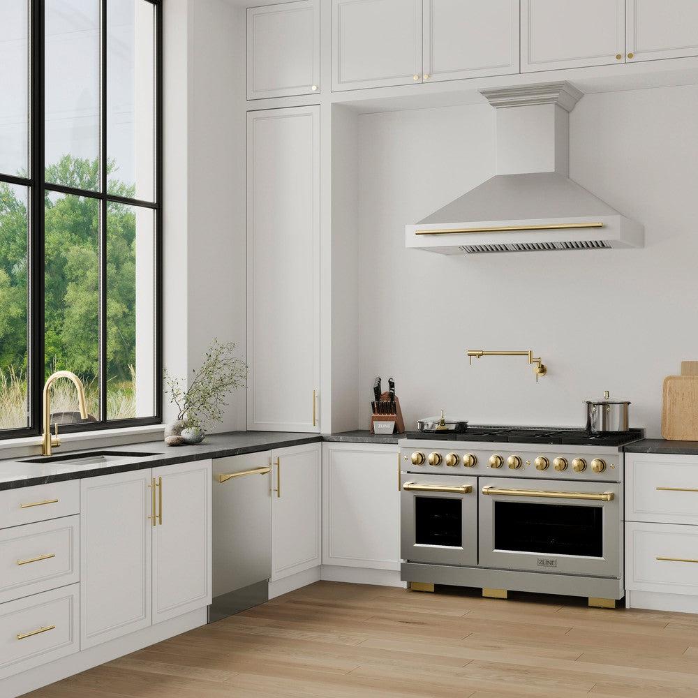 AutographEdition 48 in. 6.7 cu. ft. 8 Burner Double Oven Gas Range in Stainless Steel and Polished Gold Accents SGRZ48G