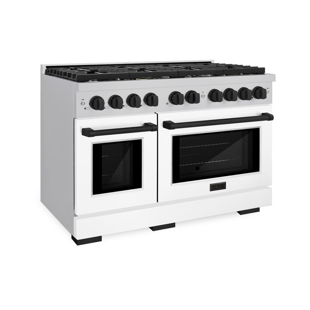 AutographEdition 48 in. 6.7 cu. ft. 8 Burner Double Oven Gas Range in Stainless Steel with White Matte Doors and Matte Black Accents SGRZWM48MB