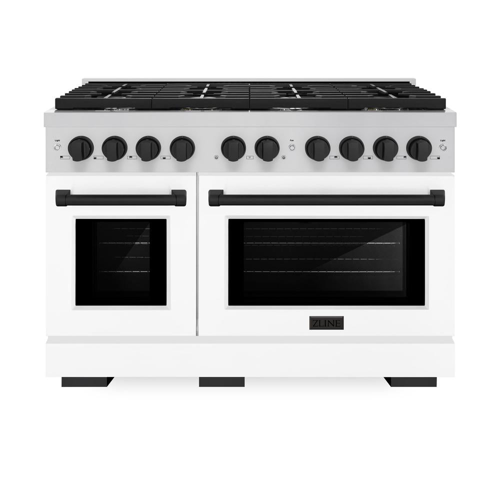 AutographEdition 48 in. 6.7 cu. ft. 8 Burner Double Oven Gas Range in Stainless Steel with White Matte Doors and Matte Black Accents SGRZWM48MB