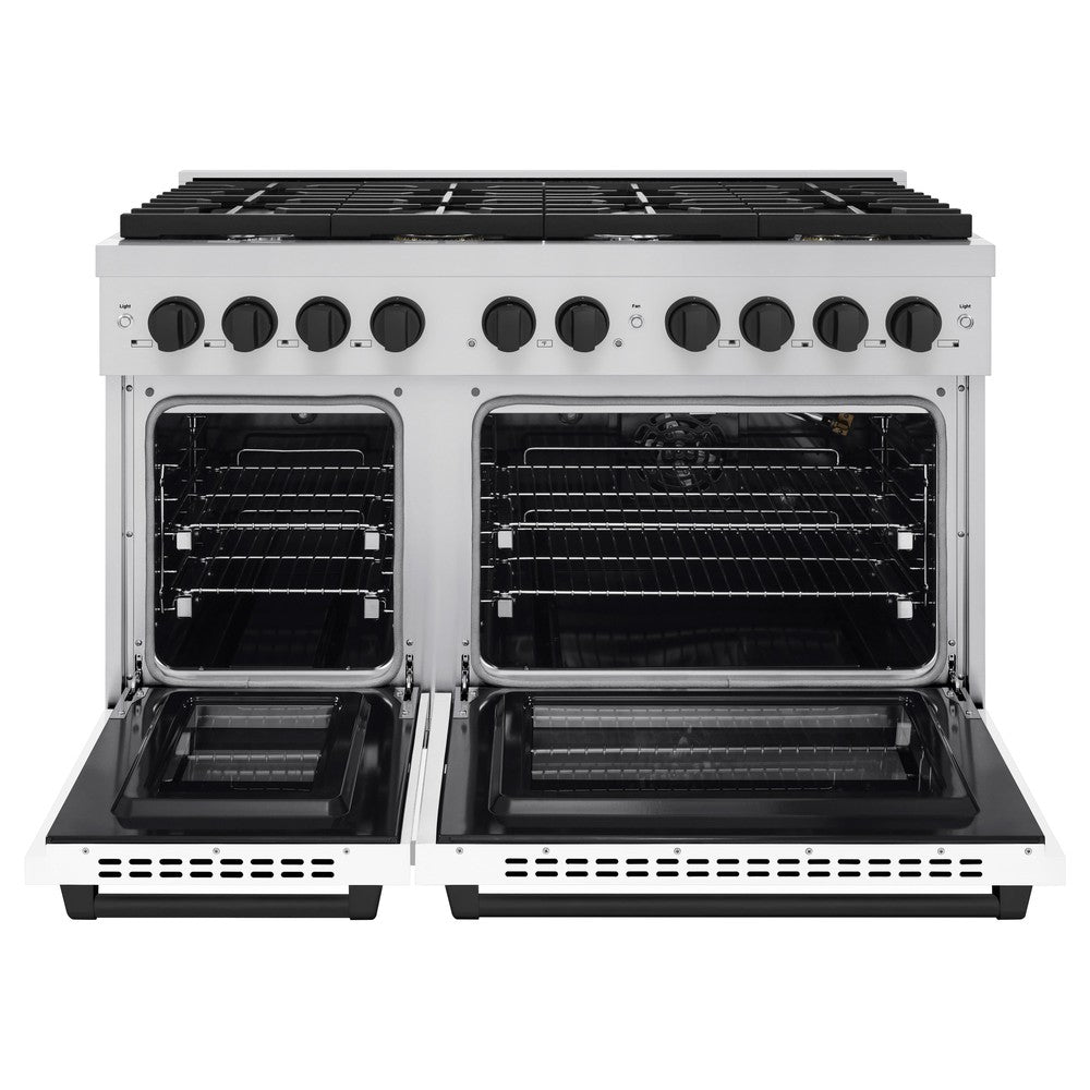 AutographEdition 48 in. 6.7 cu. ft. 8 Burner Double Oven Gas Range in Stainless Steel with White Matte Doors and Matte Black Accents SGRZWM48MB