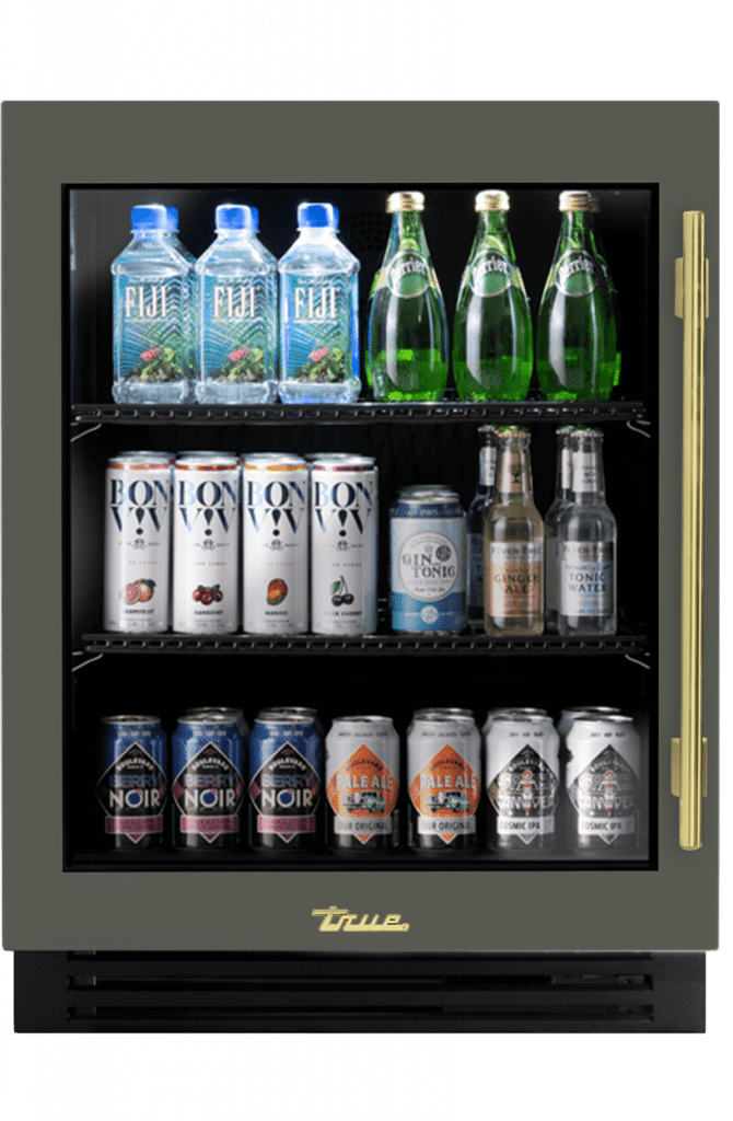ADA Height Undercounter Refrigerator, Left Hinged, Olive, Brass Hardware TURADA24LGA238H01