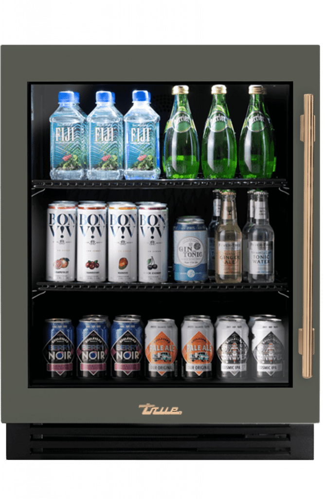 ADA Height Undercounter Refrigerator, Left Hinged, Olive, Gold Hardware TURADA24LGA238H08