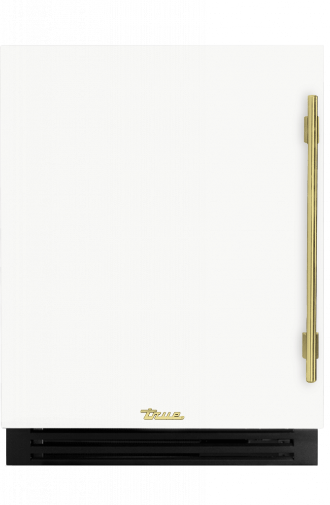 ADA Height Undercounter Refrigerator, Left Hinged, Matte White, Brass Hardware TURADA24LSA030H01