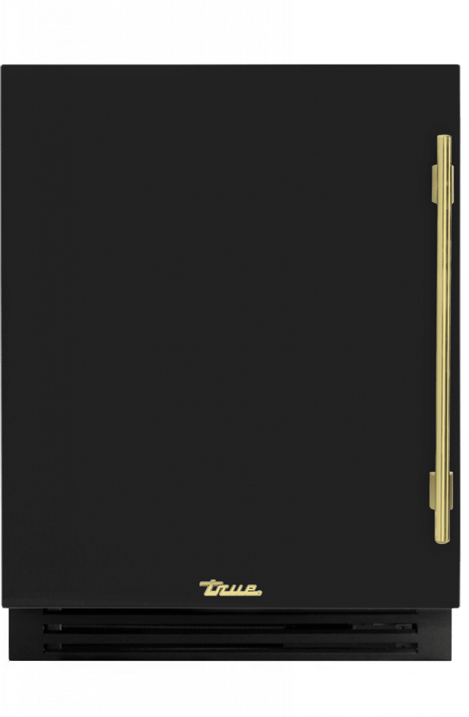 ADA Height Undercounter Refrigerator, Left Hinged, Gloss Black, Brass Hardware TURADA24LSA044H01