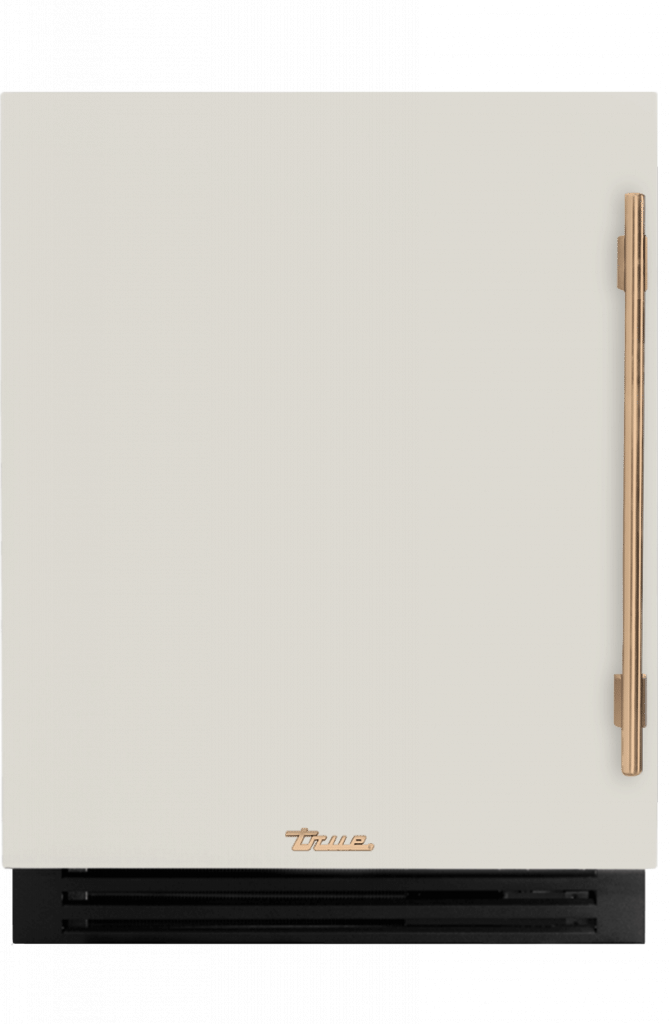 ADA Height Undercounter Refrigerator, Left Hinged, Antique White, Gold Hardware TURADA24LSA050H08