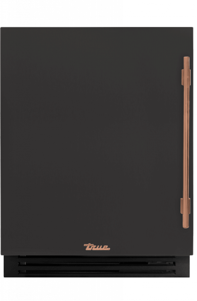 ADA Height Undercounter Refrigerator, Left Hinged, Ultra Matte Black, Copper Hardware TURADA24LSA085H03