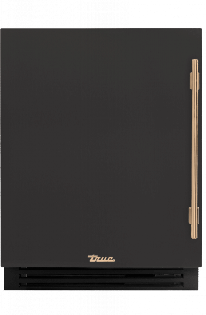 ADA Height Undercounter Refrigerator, Left Hinged, Ultra Matte Black, Gold Hardware TURADA24LSA085H08
