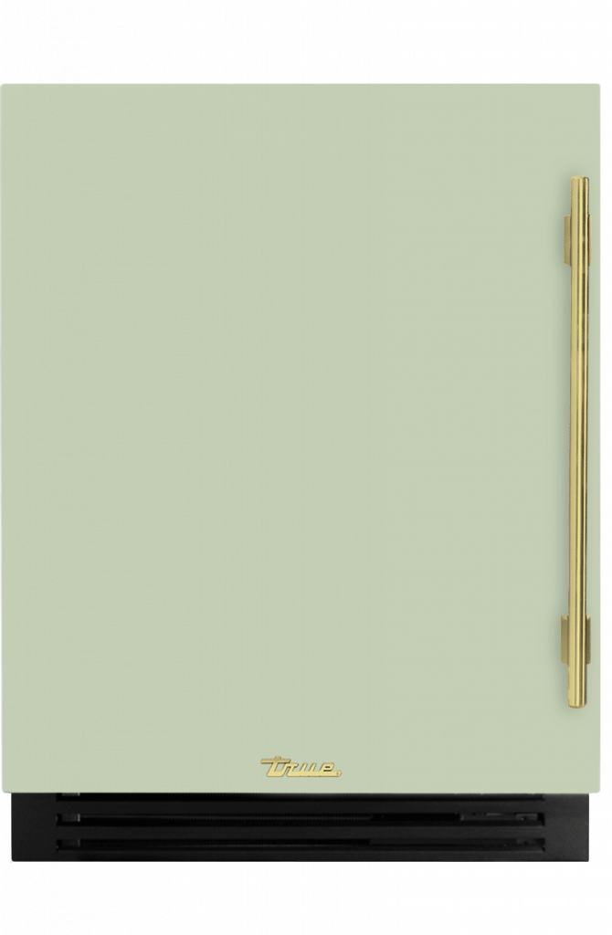 ADA Height Undercounter Refrigerator, Left Hinged, Sage, Brass Hardware TURADA24LSA129H01