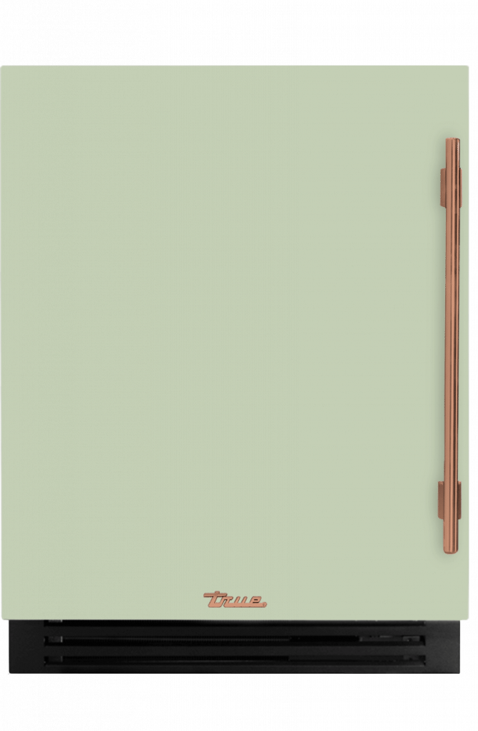 ADA Height Undercounter Refrigerator, Left Hinged, Sage, Copper Hardware TURADA24LSA129H03
