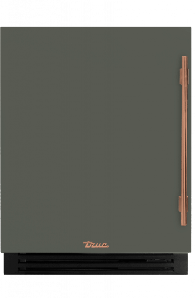 ADA Height Undercounter Refrigerator, Left Hinged, Olive, Copper Hardware TURADA24LSA238H03