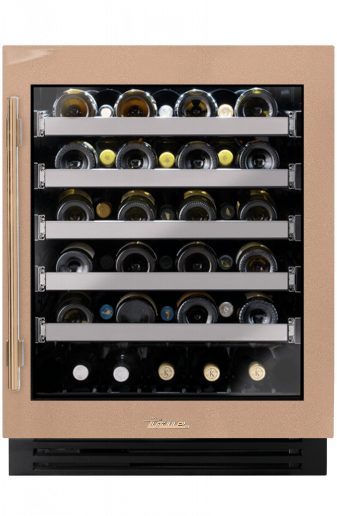 ADA Height Undercounter Wine Cabinet, Right Hinged, Champagne, Gold Hardware TUWADA24RGA179H08
