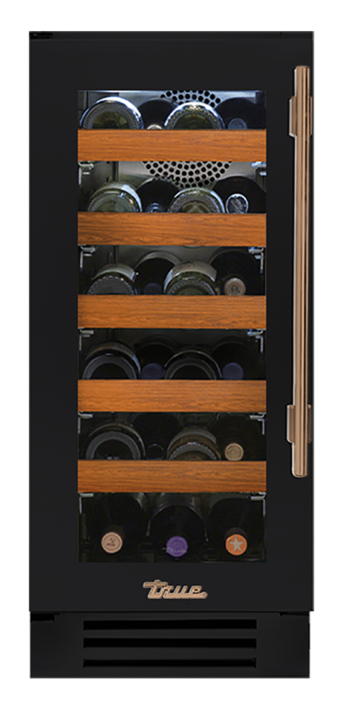Undercounter Wine Cabinet, Left Hinged, Matte Black, Gold Hardware TWC15LOGCDSK027H08