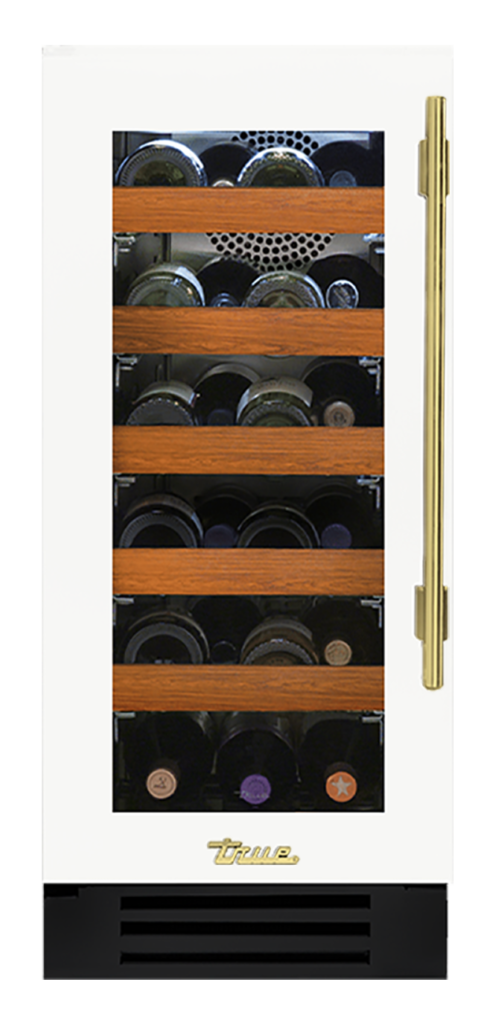 Undercounter Wine Cabinet, Left Hinged, Matte White, Brass Hardware TWC15LOGCDSK030H01