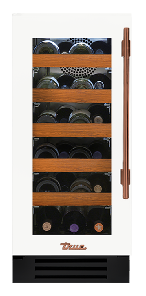 Undercounter Wine Cabinet, Left Hinged, Matte White, Copper Hardware TWC15LOGCDSK030H03