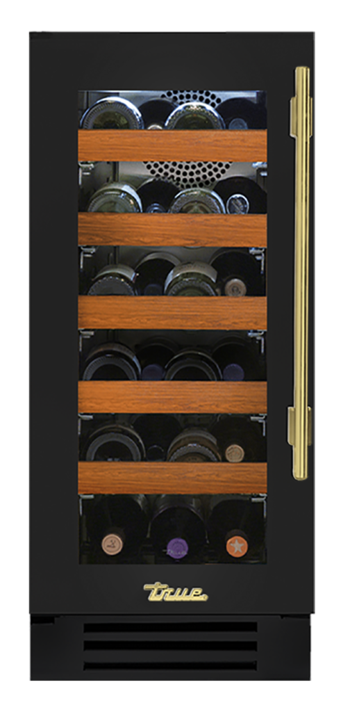 Undercounter Wine Cabinet, Left Hinged, Gloss Black, Brass Hardware TWC15LOGCDSK044H01