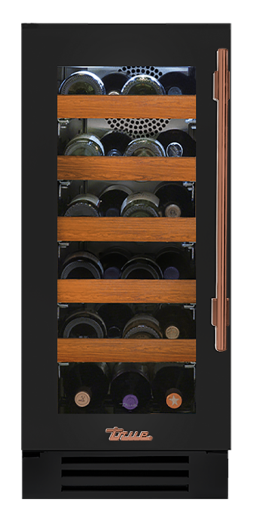 Undercounter Wine Cabinet, Left Hinged, Gloss Black, Copper Hardware TWC15LOGCDSK044H03