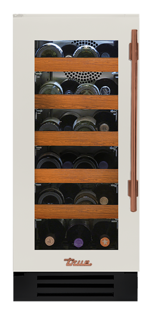 Undercounter Wine Cabinet, Left Hinged, Antique White, Copper Hardware TWC15LOGCDSK050H03