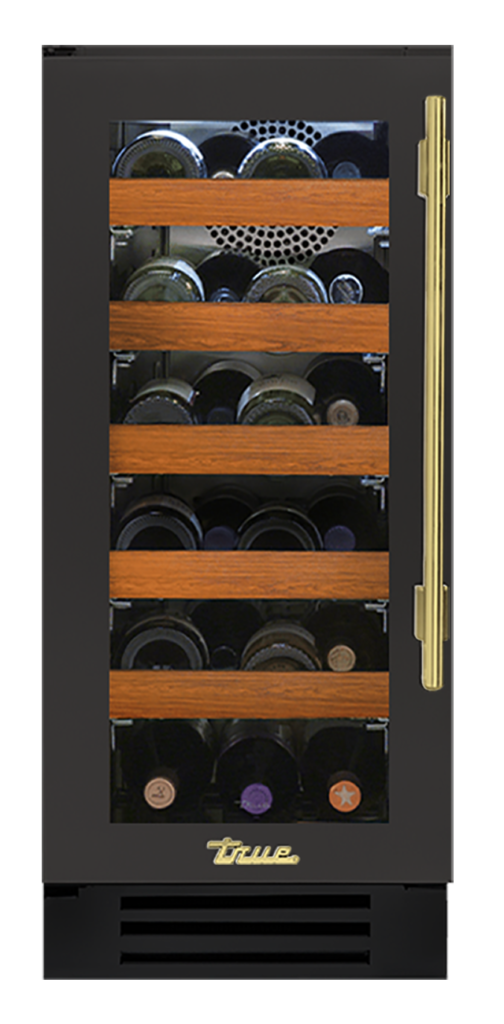 Undercounter Wine Cabinet, Left Hinged, Ultra Matte Black, Brass Hardware TWC15LOGCDSK085H01