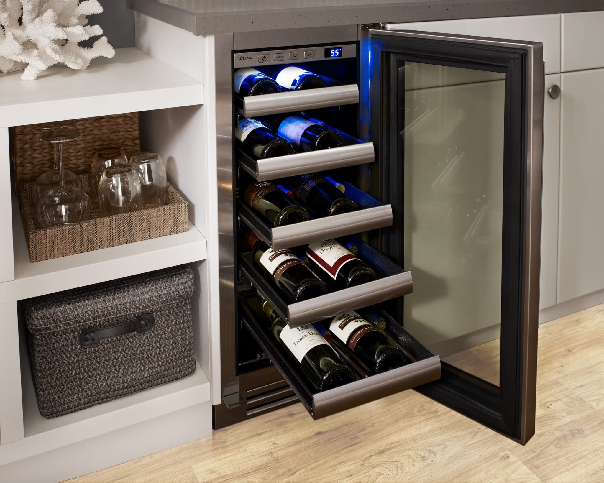 Undercounter Wine Cabinet, Left Hinged, Juniper, Pewter Hardware TWC15LOGCDSK104H05