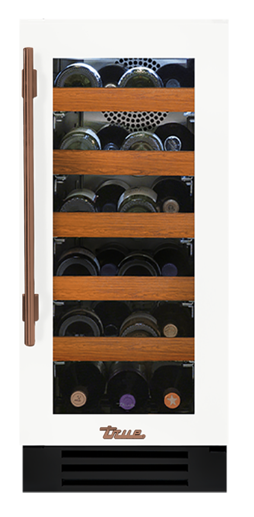 Undercounter Wine Cabinet, Right Hinged, Matte White, Copper Hardware TWC15ROGCDSK030H03