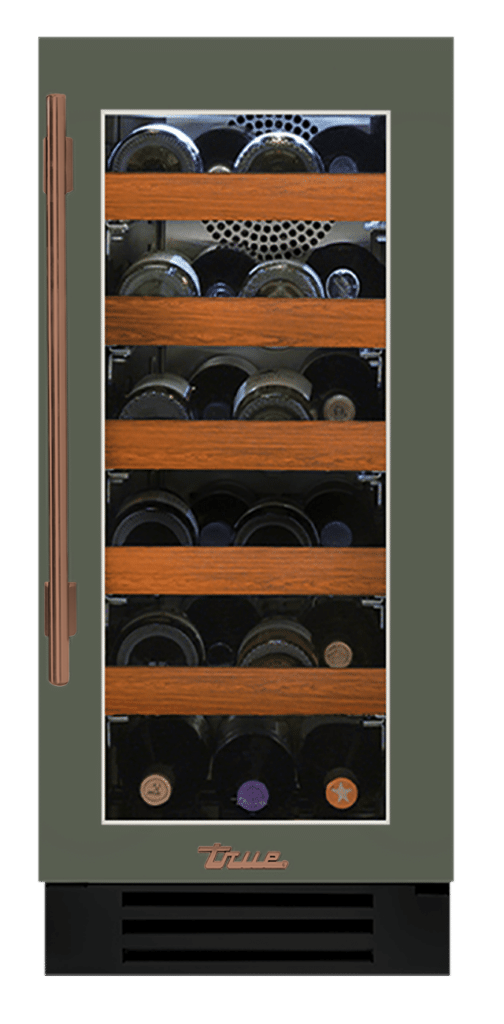 Undercounter Wine Cabinet, Right Hinged, Olive, Copper Hardware TWC15ROGCDSK238H03
