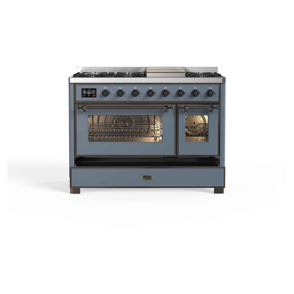 Majestic II Series 48 inch Freestanding Dual Fuel Range with Natural Gas, 8 Sealed Brass Burners, Double Ovens, 5.02 cu. ft. Total Oven Capacity, Griddle, Convection Oven, Continuous Grates,  UM12FDNS3BGB