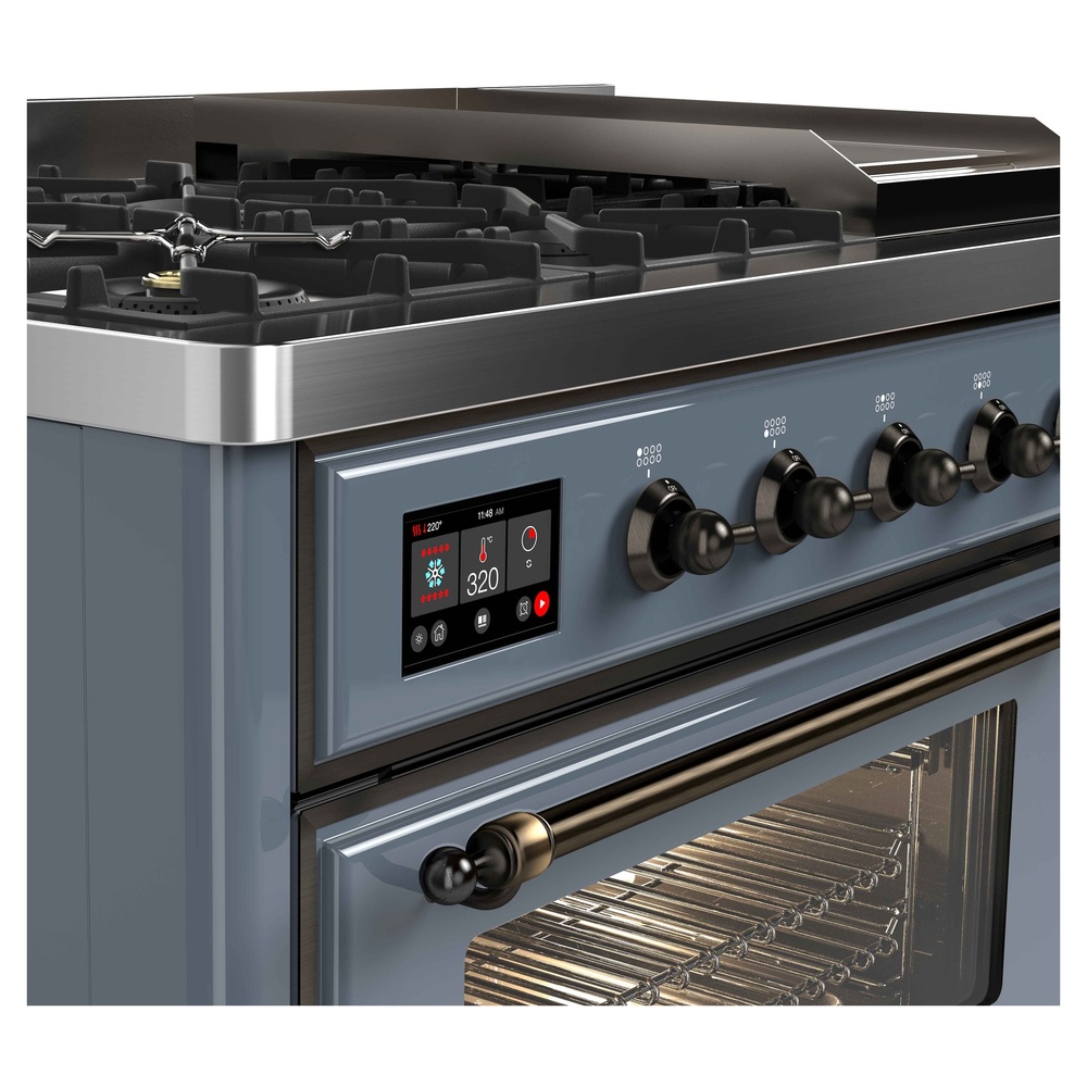 Majestic II Series 48 inch Freestanding Dual Fuel Range with Natural Gas, 8 Sealed Brass Burners, Double Ovens, 5.02 cu. ft. Total Oven Capacity, Griddle, Convection Oven, Continuous Grates,  UM12FDNS3BGB