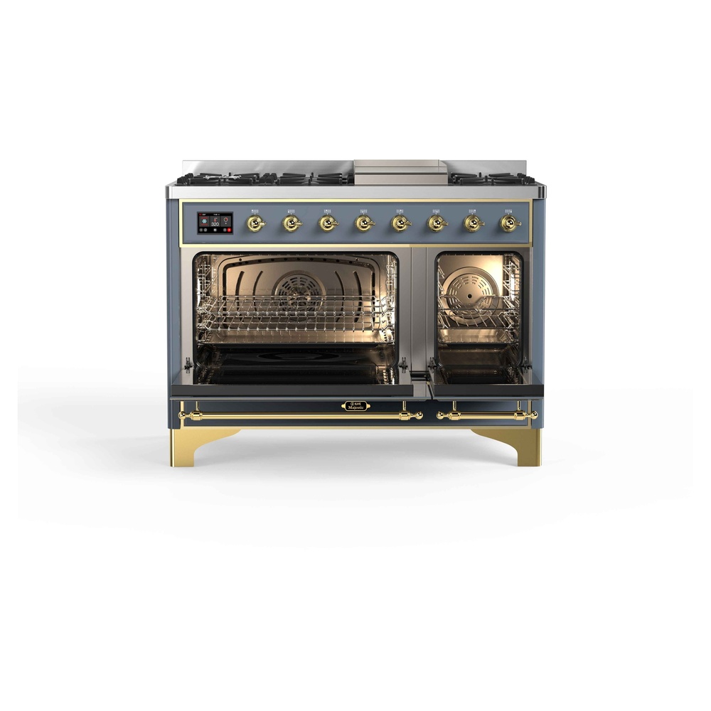Majestic II Series 48 inch Freestanding Dual Fuel Range with Natural Gas, 8 Sealed Brass Burners, Double Ovens, 5.02 cu. ft. Total Oven Capacity, Griddle, Convection Oven, Continuous Grates,  UM12FDNS3BGG