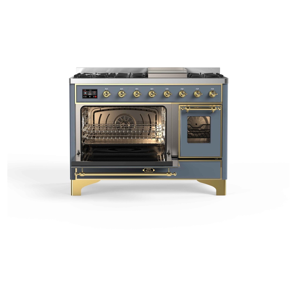 Majestic II Series 48 inch Freestanding Dual Fuel Range with Natural Gas, 8 Sealed Brass Burners, Double Ovens, 5.02 cu. ft. Total Oven Capacity, Griddle, Convection Oven, Continuous Grates,  UM12FDNS3BGG