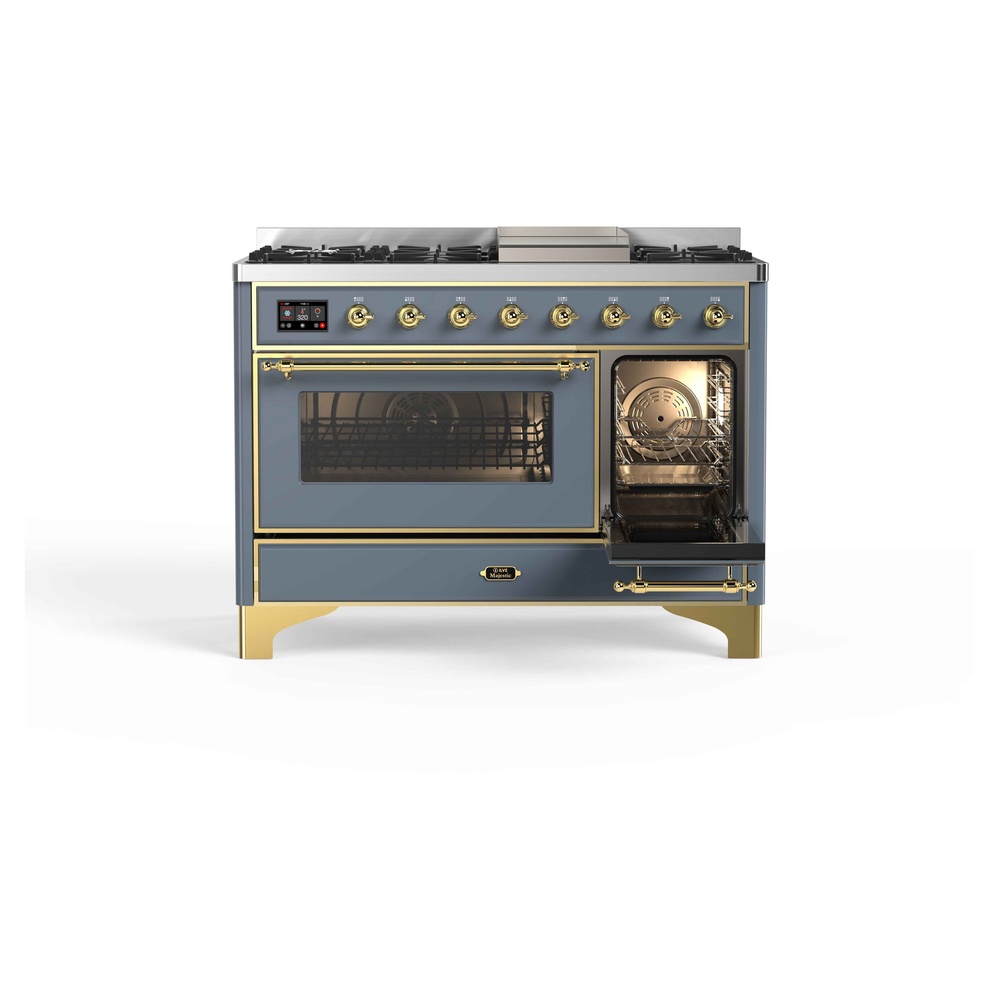 Majestic II Series 48 inch Freestanding Dual Fuel Range with Natural Gas, 8 Sealed Brass Burners, Double Ovens, 5.02 cu. ft. Total Oven Capacity, Griddle, Convection Oven, Continuous Grates,  UM12FDNS3BGG