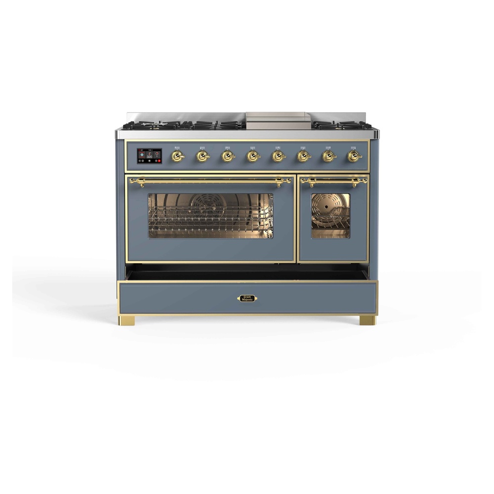 Majestic II Series 48 inch Freestanding Dual Fuel Range with Natural Gas, 8 Sealed Brass Burners, Double Ovens, 5.02 cu. ft. Total Oven Capacity, Griddle, Convection Oven, Continuous Grates,  UM12FDNS3BGG