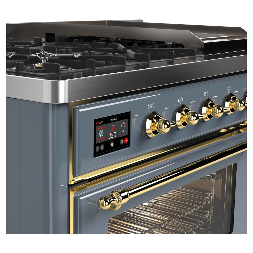 Majestic II Series 48 inch Freestanding Dual Fuel Range with Natural Gas, 8 Sealed Brass Burners, Double Ovens, 5.02 cu. ft. Total Oven Capacity, Griddle, Convection Oven, Continuous Grates,  UM12FDNS3BGG