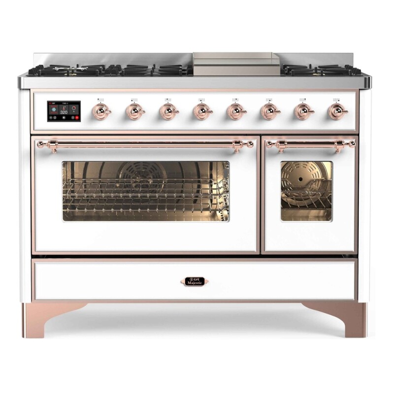 Majestic II Series 48 inch Freestanding Dual Fuel Range with Natural Gas, 8 Sealed Brass Burners, Double Ovens, 5.02 cu. ft. Total Oven Capacity, Griddle, Convection Oven, Continuous Grates, 