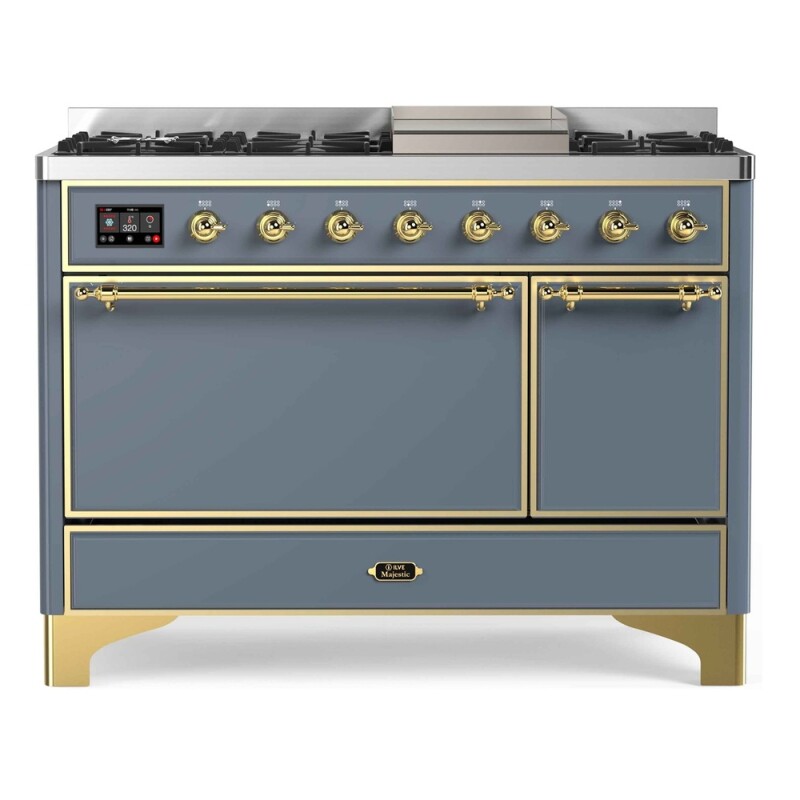Majestic II Series 48 inch Freestanding Dual Fuel Range with Natural Gas, 8 Sealed Brass Burners, Double Ovens, 5.02 cu. ft. Total Oven Capacity, Griddle, Convection Oven, Continuous Grates,