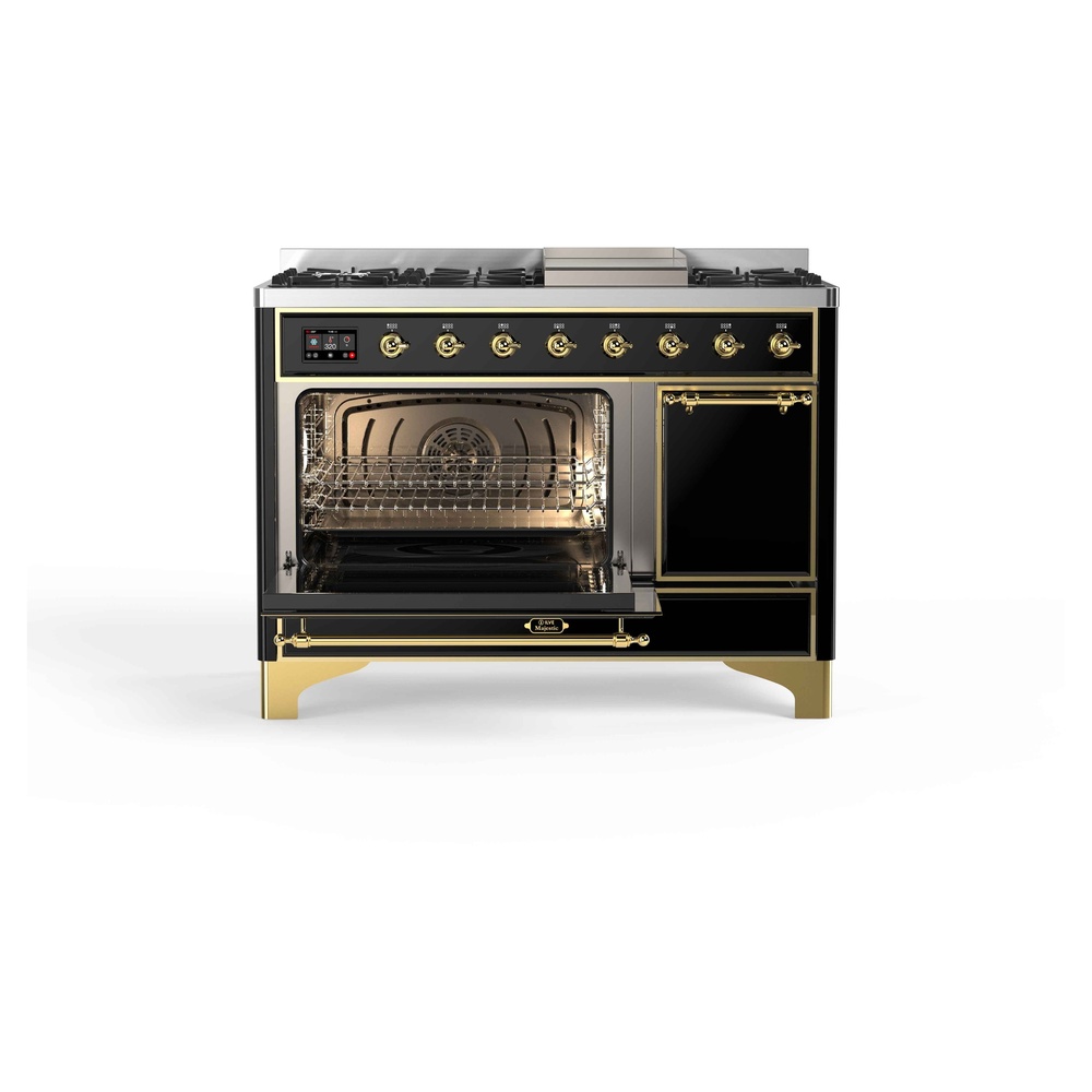 Majestic II Series 48 inch Freestanding Dual Fuel Range with Natural Gas, 8 Sealed Brass Burners, Double Ovens, 5.02 cu. ft. Total Oven Capacity, Griddle, Convection Oven, Continuous Grates, UM12FDQNS3BKG