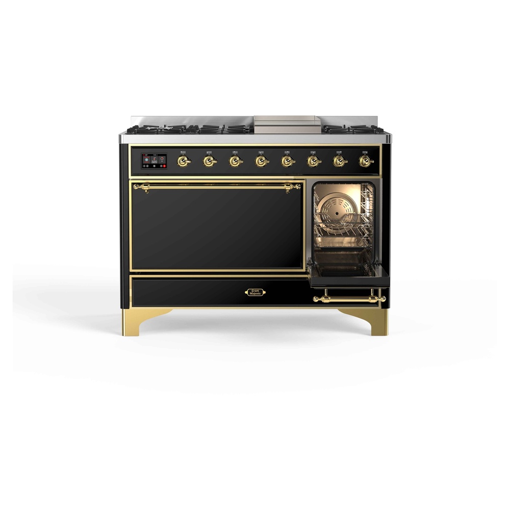 Majestic II Series 48 inch Freestanding Dual Fuel Range with Natural Gas, 8 Sealed Brass Burners, Double Ovens, 5.02 cu. ft. Total Oven Capacity, Griddle, Convection Oven, Continuous Grates, UM12FDQNS3BKG