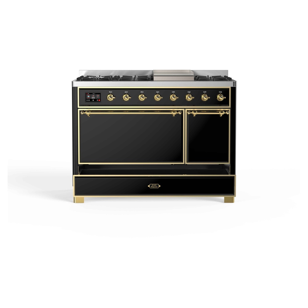 Majestic II Series 48 inch Freestanding Dual Fuel Range with Natural Gas, 8 Sealed Brass Burners, Double Ovens, 5.02 cu. ft. Total Oven Capacity, Griddle, Convection Oven, Continuous Grates, UM12FDQNS3BKG