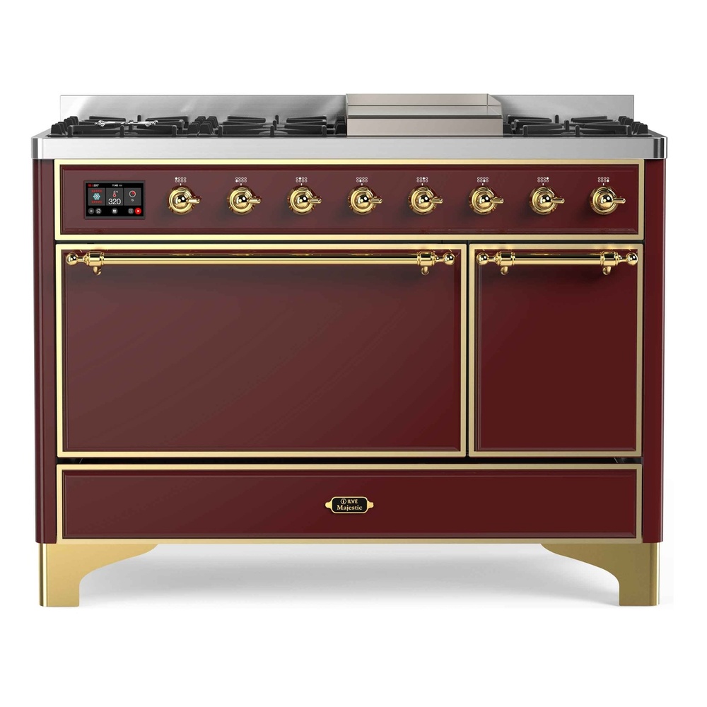 Majestic II Series 48 inch Freestanding Dual Fuel Range with Natural Gas, 8 Sealed Brass Burners, Double Ovens, 5.02 cu. ft. Total Oven Capacity, Griddle, Convection Oven, Continuous Grates,