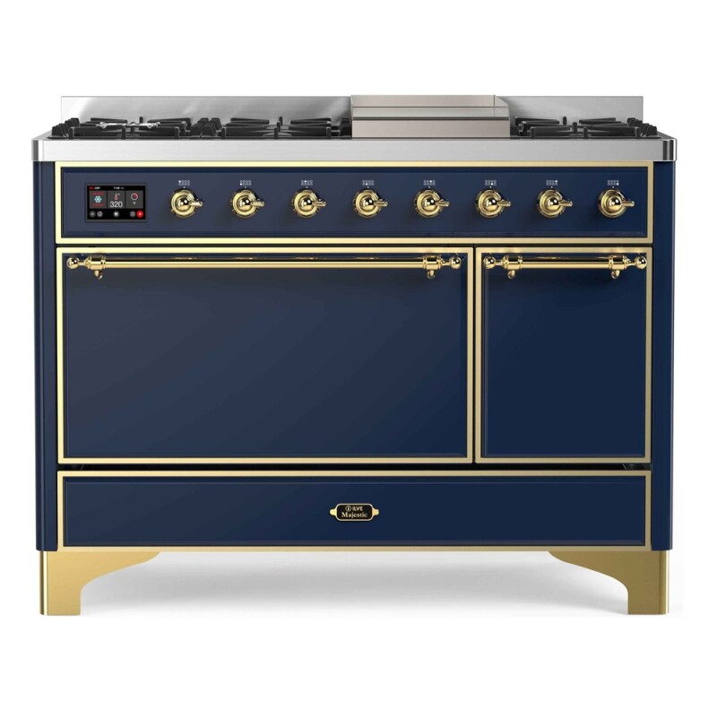 Majestic II Series 48 inch Freestanding Dual Fuel Range with Natural Gas, 8 Sealed Brass Burners, Double Ovens, 5.02 cu. ft. Total Oven Capacity, Griddle, Convection Oven, Continuous Grates,