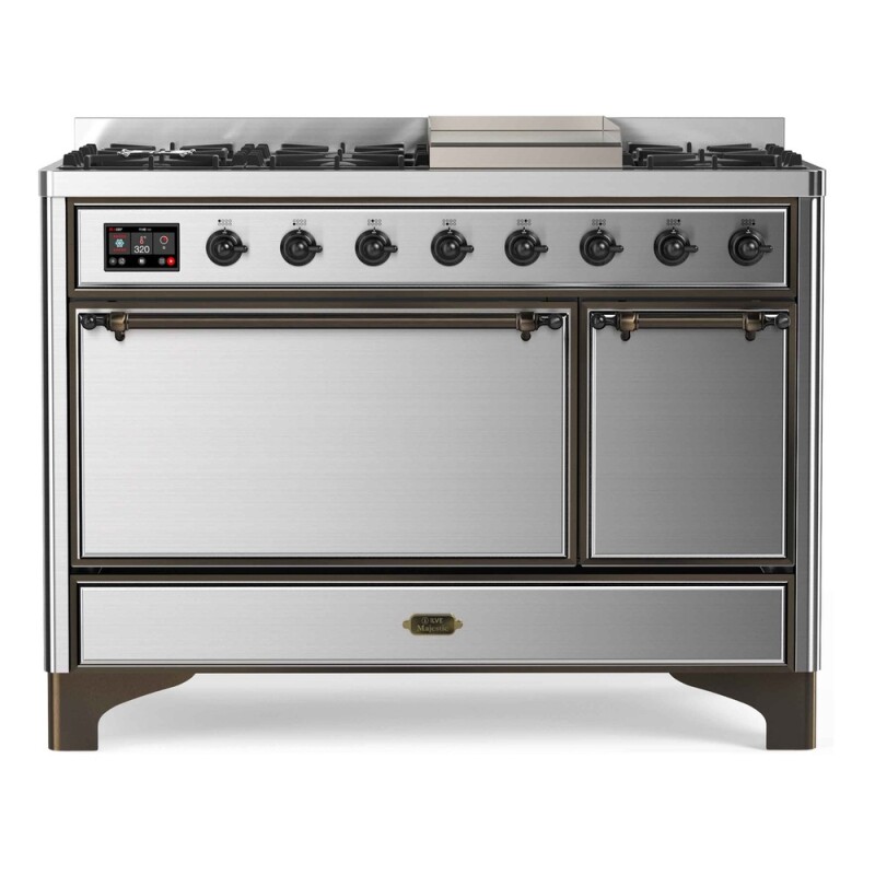 Majestic II Series 48 inch Freestanding Dual Fuel Range with Natural Gas, 8 Sealed Brass Burners, Double Ovens, 5.02 cu. ft. Total Oven Capacity, Griddle, Convection Oven, Continuous Grates, 