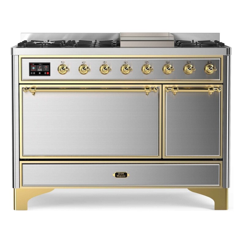 Majestic II Series 48 inch Freestanding Dual Fuel Range with Natural Gas, 8 Sealed Brass Burners, Double Ovens, 5.02 cu. ft. Total Oven Capacity, Griddle, Convection Oven, Continuous Grates,