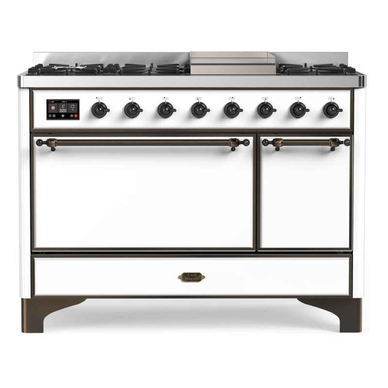 Majestic II Series 48 inch Freestanding Dual Fuel Range with Natural Gas, 8 Sealed Brass Burners, Double Ovens, 5.02 cu. ft. Total Oven Capacity, Griddle, Convection Oven, Continuous Grates, 