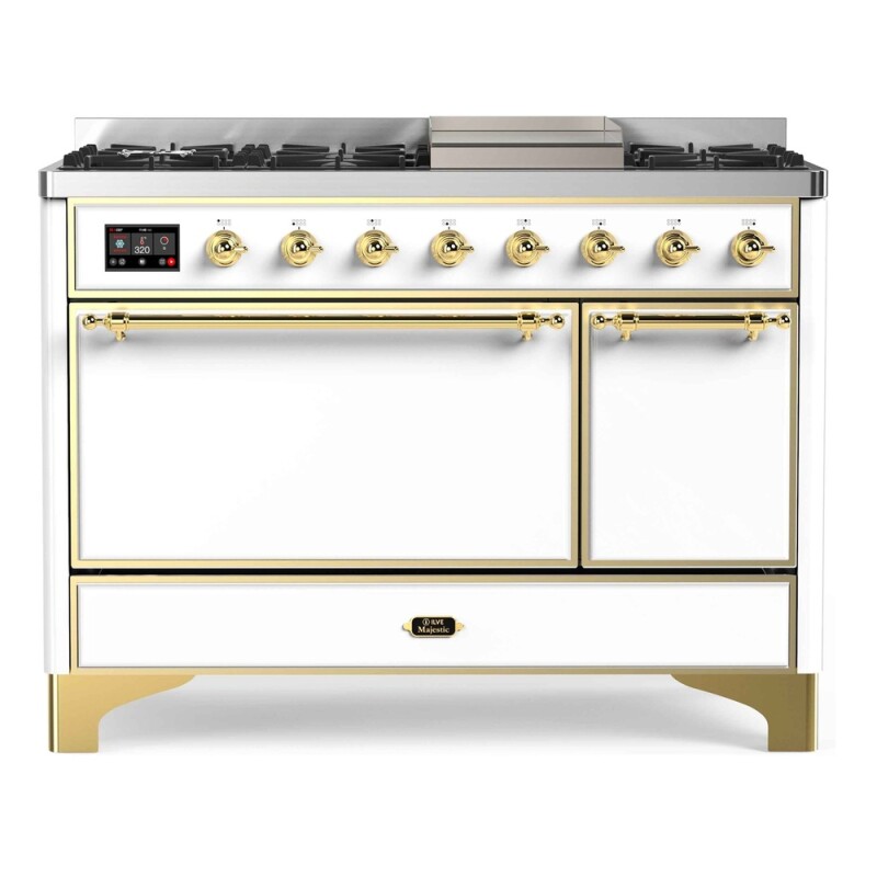 Majestic II Series 48 inch Freestanding Dual Fuel Range with Natural Gas, 8 Sealed Brass Burners, Double Ovens, 5.02 cu. ft. Total Oven Capacity, Griddle, Convection Oven, Continuous Grates,