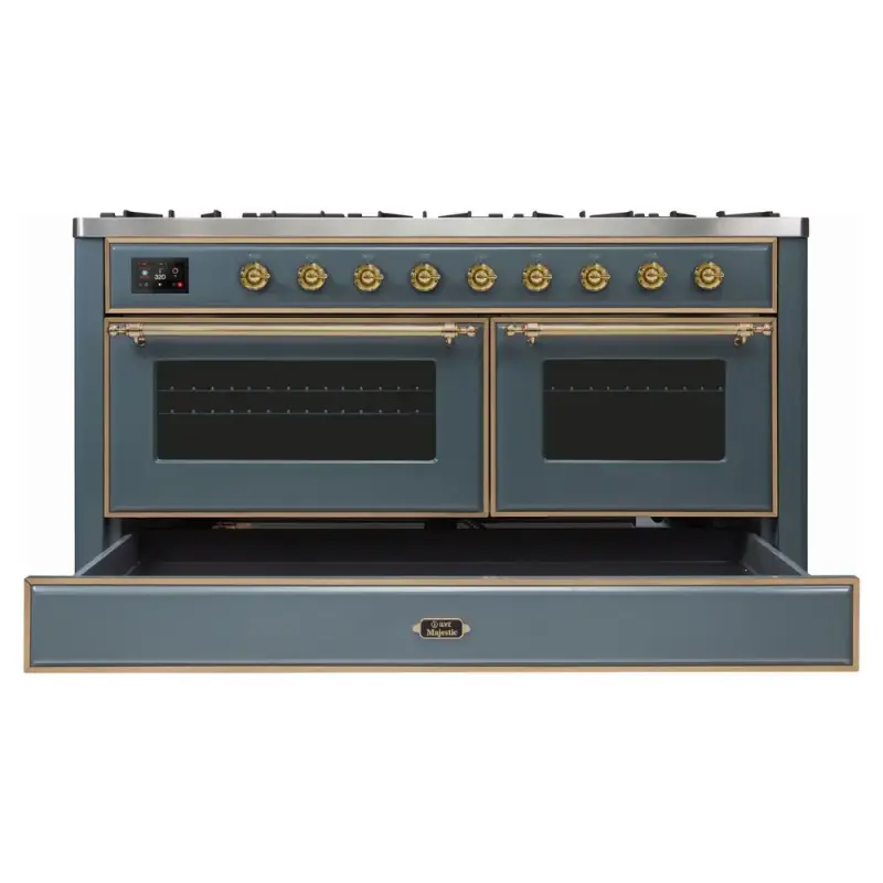 Majestic II Series 60 inch Freestanding Dual Fuel Range with Natural Gas, 9 Sealed Brass Burners, Double Ovens, 5.02 cu. ft. Total Oven Capacity, Griddle, Convection Oven, Continuous Grates,  UM15FDNS3BGG