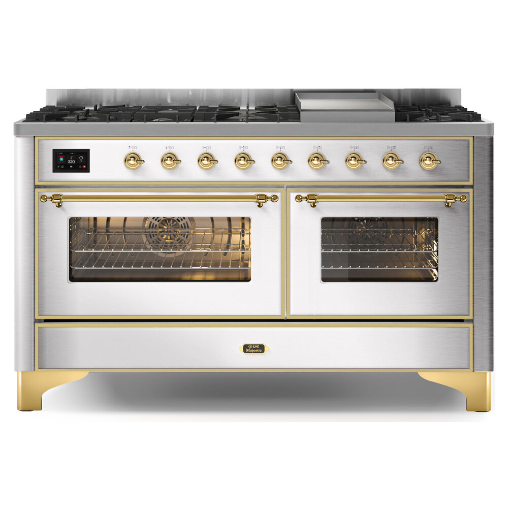 Majestic II Series 60 inch Freestanding Dual Fuel Range with Natural Gas, 9 Sealed Brass Burners, Double Ovens, 5.02 cu. ft. Total Oven Capacity, Griddle, Convection Oven, Continuous Grates, 