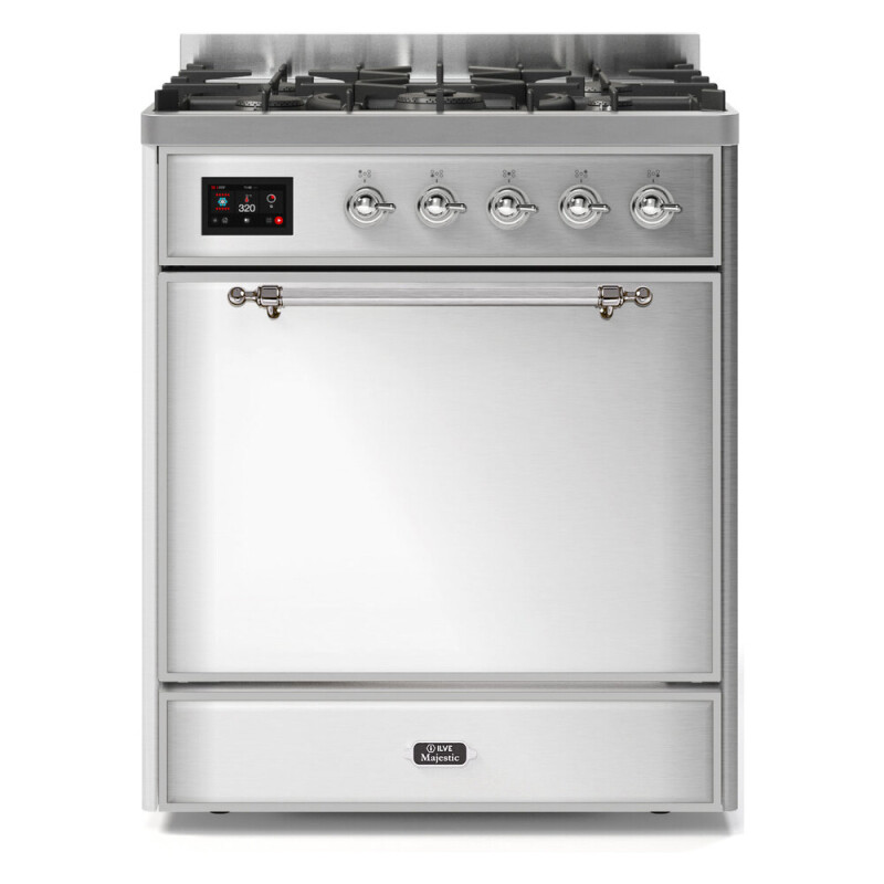 Majestic II Series 30 inch Freestanding Dual Fuel Range with Natural Gas, 5 Sealed Brass Burners, 4 cu. ft. Total Oven Capacity, Convection Oven, Continuous Grates, Storage Drawer, with Chrom